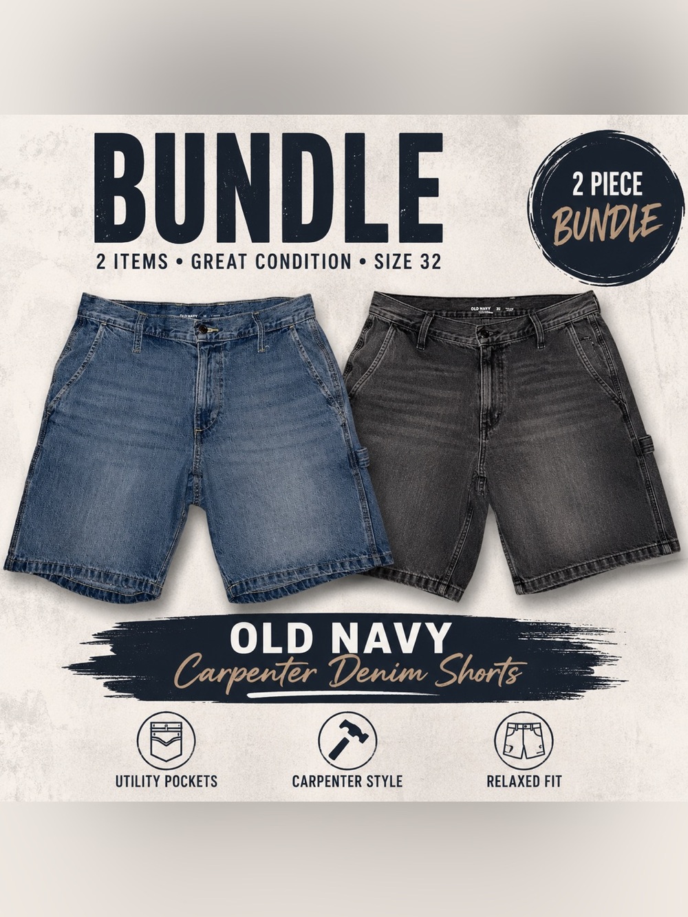 Old Navy Carpenter Shorts Bundle Size 32 Denim Utility Workwear 2-Piece